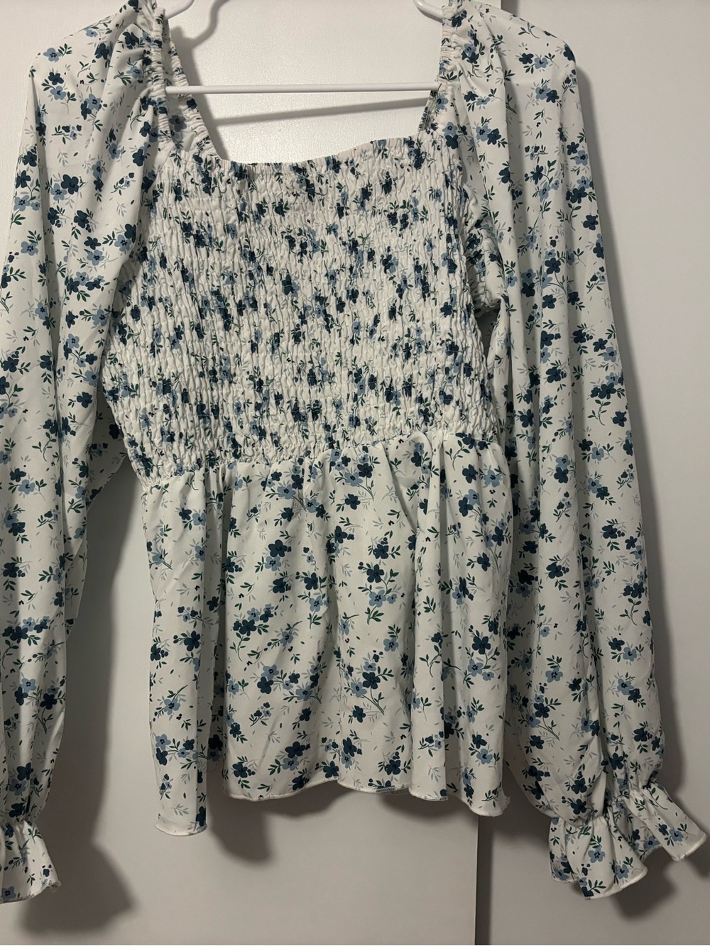 Smocked Square-Neck Floral Peasant Top - White with Blue Floral